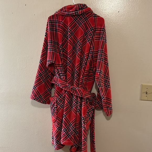 NWOT Victoria's Secret Fleece Plaid Kimono Robe Tie-Waist Pocket Red Pink SZ XXL - Picture 4 of 8